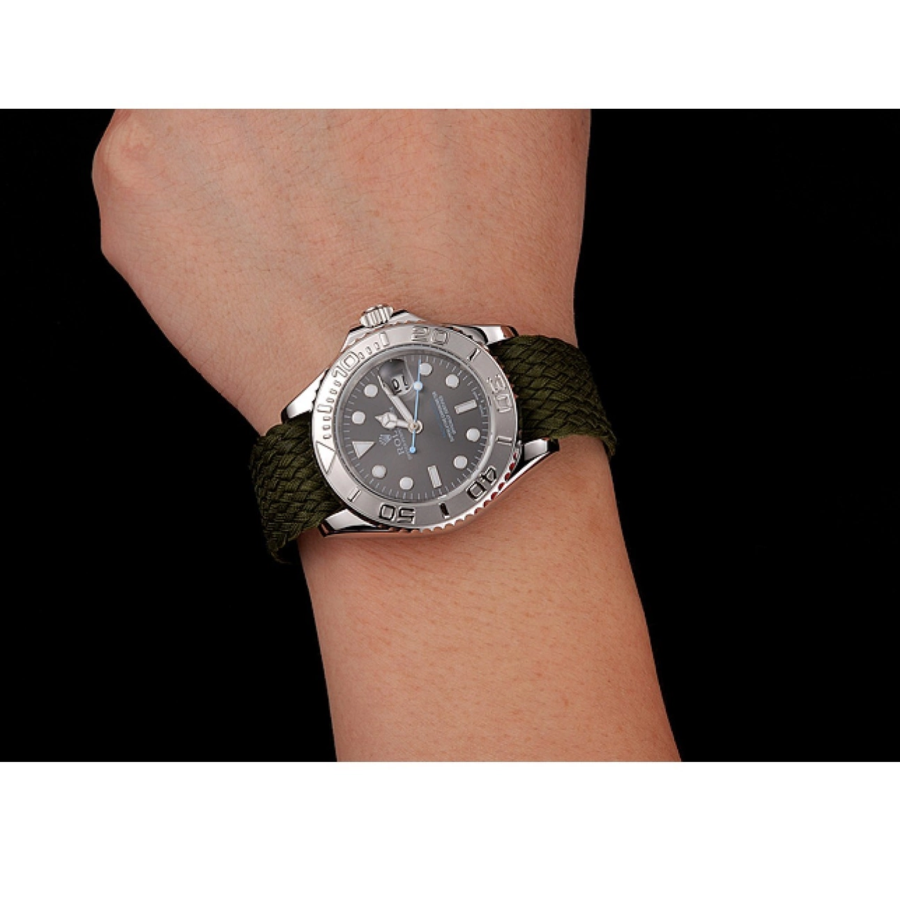 Aaa replica watch Master Dial Green Rolex Green Yacht Fabric Bracelet 1453869 0818
